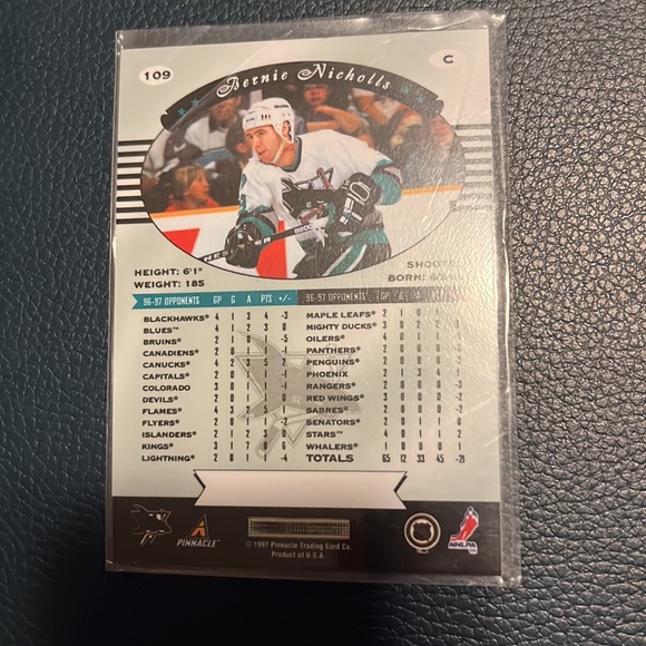 Hockey Card Bernie Nicholls Sharks Pinnacle Certified #109 Sports Collectible 97 - Picture 2 of 2
